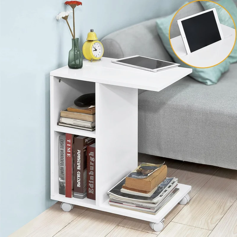 SoBuy® FBT48-W Beistelltisch mit Schlitz für iPad, Zeitungsständer Couchtisch Tisch mit Rollen weiss