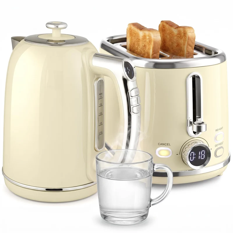 HOMCOM Wasserkocher- und Toaster-Set LED-Display 1,7 L Wasserkocher Creme, Creme