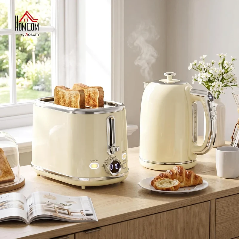 HOMCOM Wasserkocher- und Toaster-Set LED-Display 1,7 L Wasserkocher Creme, Creme