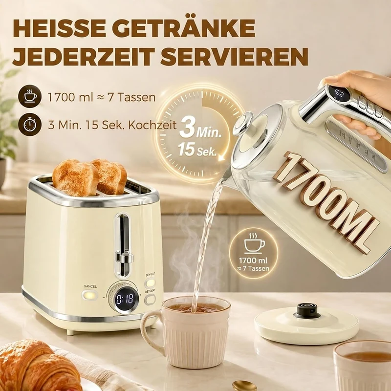 HOMCOM Wasserkocher- und Toaster-Set LED-Display 1,7 L Wasserkocher Creme, Creme