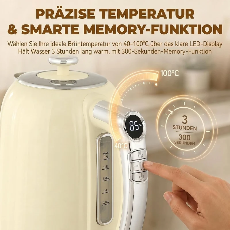 HOMCOM Wasserkocher- und Toaster-Set LED-Display 1,7 L Wasserkocher Creme, Creme