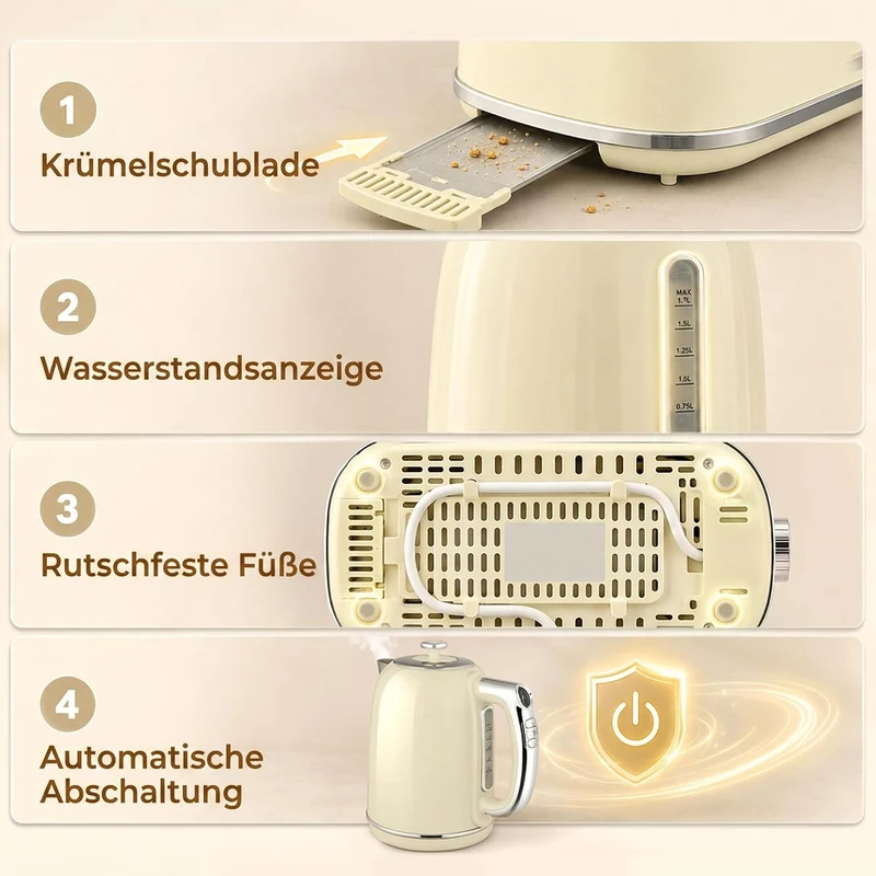 HOMCOM Wasserkocher- und Toaster-Set LED-Display 1,7 L Wasserkocher Creme, Creme