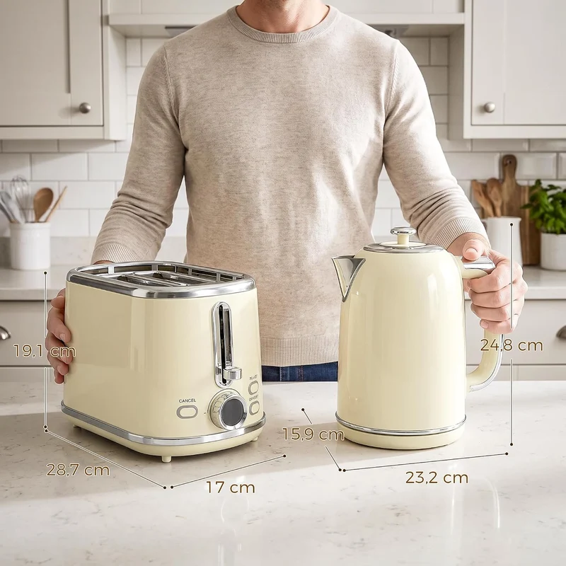 HOMCOM Wasserkocher- und Toaster-Set LED-Display 1,7 L Wasserkocher Creme, Creme