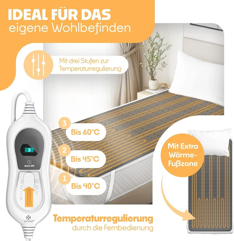 KESSER® Wärmeunterbett 150x80cm mit Abschaltautomatik Fernbedienung | Heizdecke mit 3 Temperaturstuf