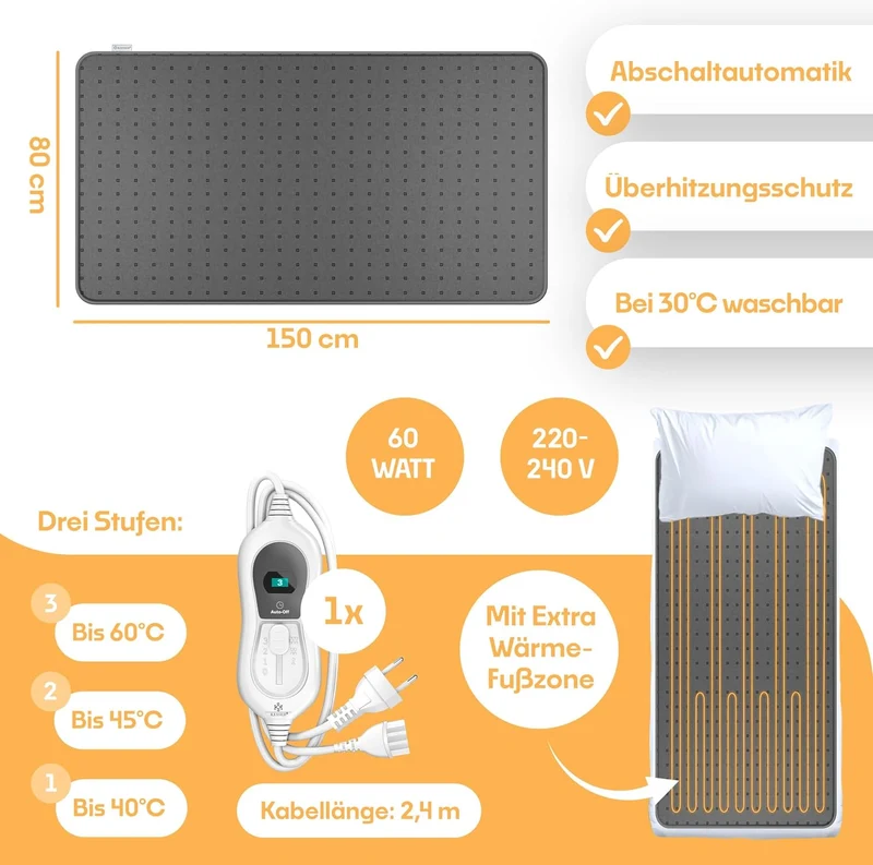 KESSER® Wärmeunterbett 150x80cm mit Abschaltautomatik Fernbedienung | Heizdecke mit 3 Temperaturstuf