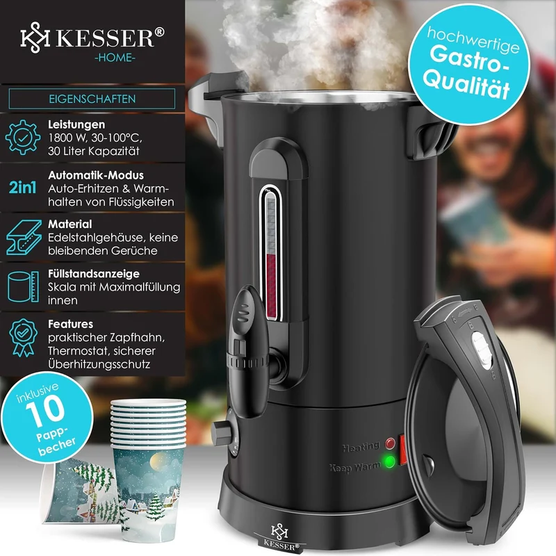 KESSER® Glühweinkessel 6,8/10/20/30L Edelstahl Inkl. Becher, Glühweinkocher mit Thermostat Glühweina