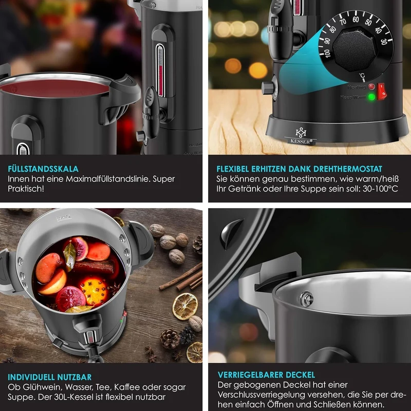 KESSER® Glühweinkessel 6,8/10/20/30L Edelstahl Inkl. Becher, Glühweinkocher mit Thermostat Glühweina