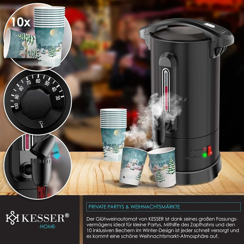 KESSER® Glühweinkessel 6,8/10/20/30L Edelstahl Inkl. Becher, Glühweinkocher mit Thermostat Glühweina