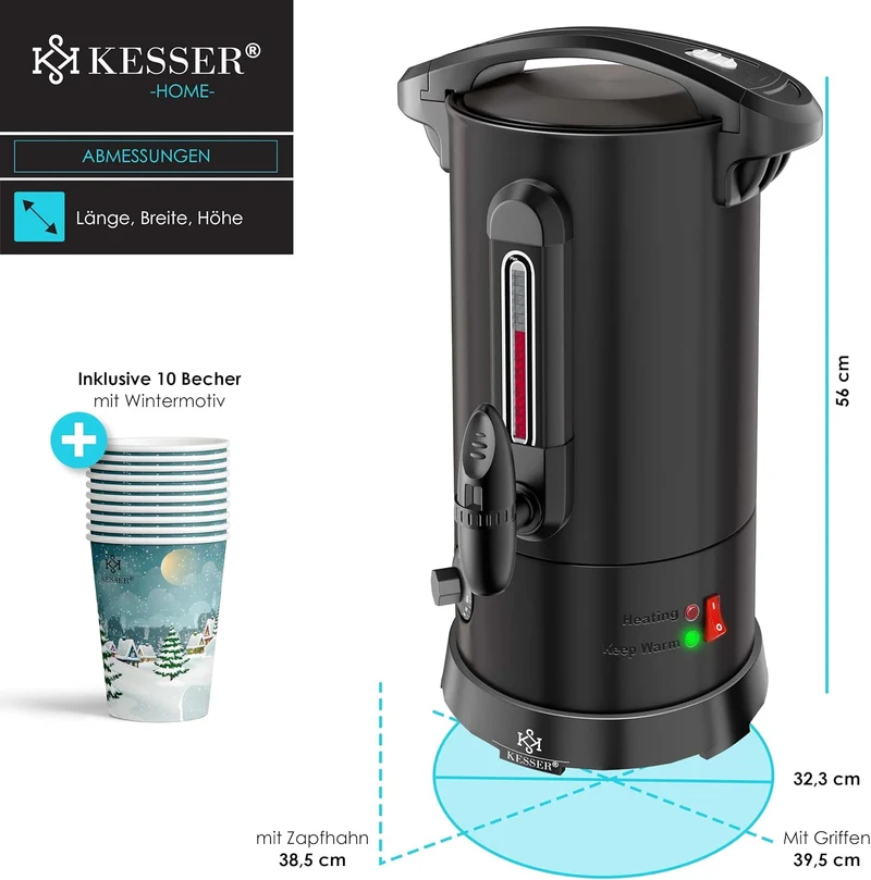 KESSER® Glühweinkessel 6,8/10/20/30L Edelstahl Inkl. Becher, Glühweinkocher mit Thermostat Glühweina