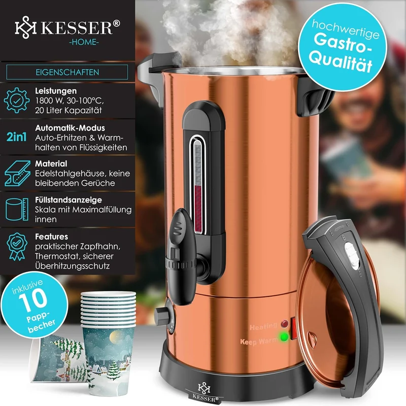 KESSER® Glühweinkessel 6,8/10/20/30L Edelstahl Inkl. Becher, Glühweinkocher mit Thermostat Glühweina