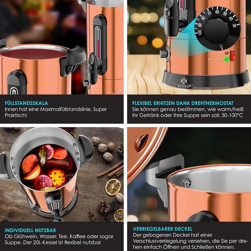 KESSER® Glühweinkessel 6,8/10/20/30L Edelstahl Inkl. Becher, Glühweinkocher mit Thermostat Glühweina