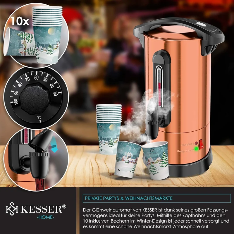 KESSER® Glühweinkessel 6,8/10/20/30L Edelstahl Inkl. Becher, Glühweinkocher mit Thermostat Glühweina