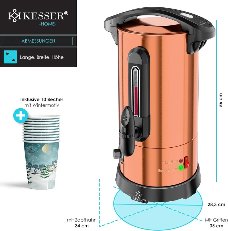 KESSER® Glühweinkessel 6,8/10/20/30L Edelstahl Inkl. Becher, Glühweinkocher mit Thermostat Glühweina