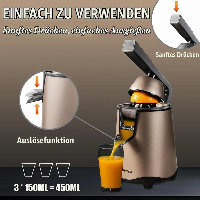 Bestron elektrische Saftpresse, Orangenpresse mit Auslauf-Stopp Funktion & edelstahl Fruchtfleischsi