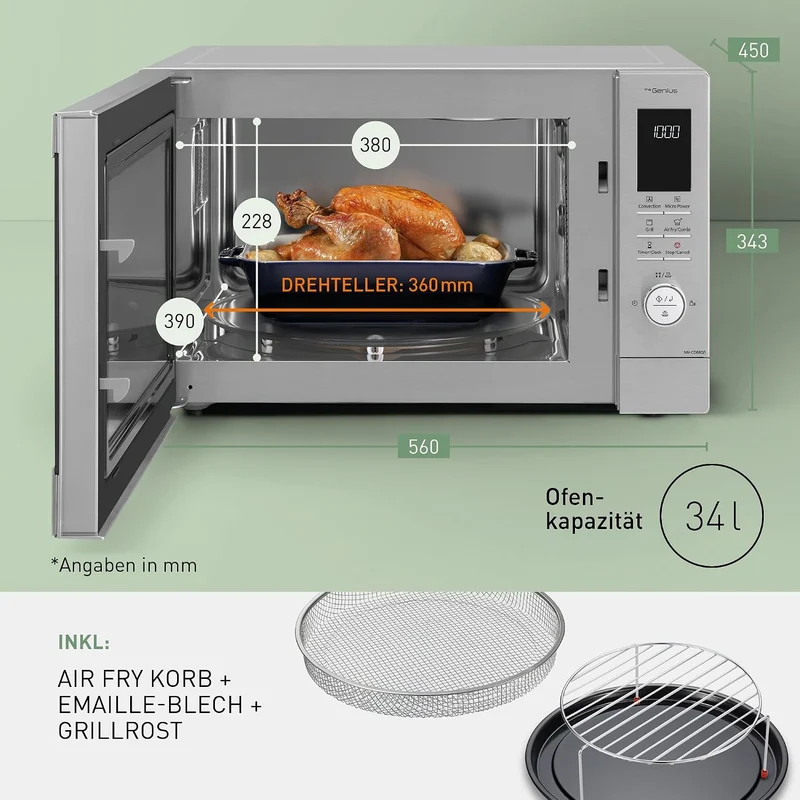 Panasonic NN-CD88QSEPG 34L Air Fryer Kombi-Mikrowelle mit Quarzgrill, 1000 W, automatisches Auftauen