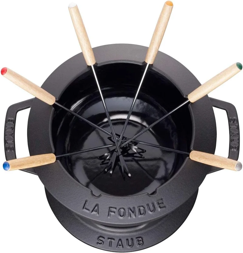 STAUB Fondue Set mit 6 Gabeln, Geeignet für Käse- Schoko- und Fleisch-Fondue, Gusseisen, 18 cm, Schw