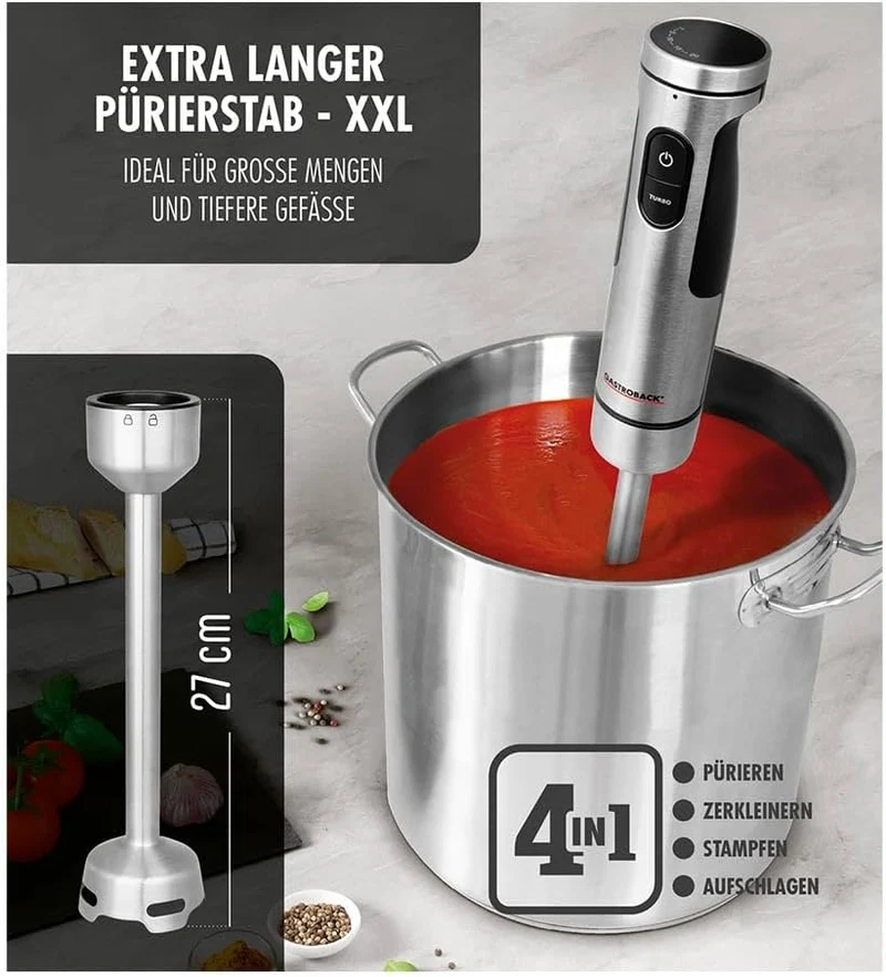 GASTROBACK Edelstahl Stabmixer 1500 Watt - Pürierstab mit 2 Mixaufsätzen, Stampfer, Schneebesen, Rüh