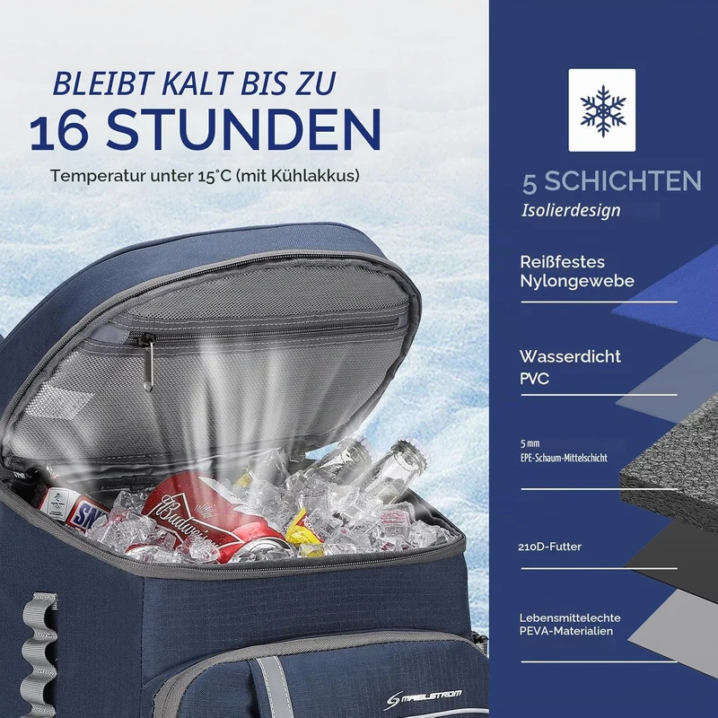 Maelstrom Kühlrucksack 35/50 Dosen, Isolierter Cooler Rucksack Auslaufsicher, Grosse Kühltasche Ruck