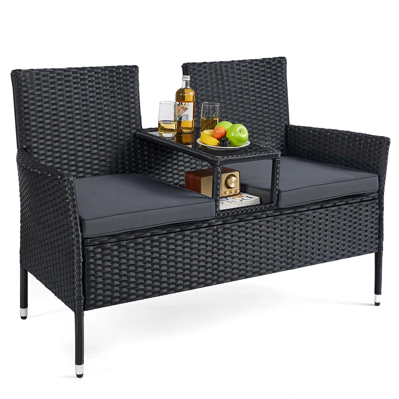 SONGMICS Gartenmöbel, Balkonmöbel aus PE-Polyrattan, Gartenbank mit Tisch Schwarz + Dunkelgrau, Schw