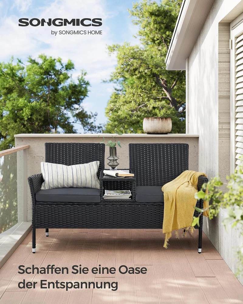 SONGMICS Gartenmöbel, Balkonmöbel aus PE-Polyrattan, Gartenbank mit Tisch Schwarz + Dunkelgrau, Schw