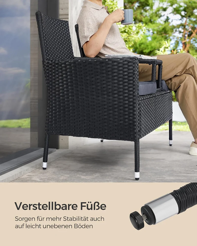 SONGMICS Gartenmöbel, Balkonmöbel aus PE-Polyrattan, Gartenbank mit Tisch Schwarz + Dunkelgrau, Schw