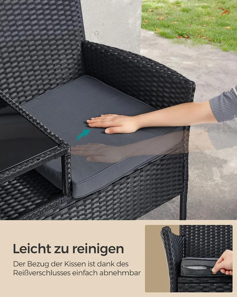 SONGMICS Gartenmöbel, Balkonmöbel aus PE-Polyrattan, Gartenbank mit Tisch Schwarz + Dunkelgrau, Schw
