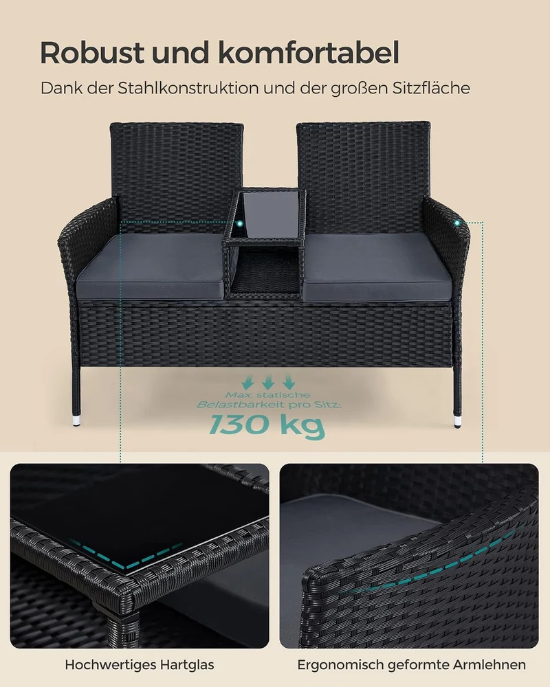 SONGMICS Gartenmöbel, Balkonmöbel aus PE-Polyrattan, Gartenbank mit Tisch Schwarz + Dunkelgrau, Schw