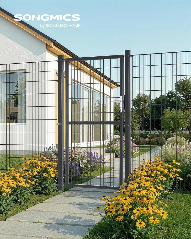 SONGMICS Gartentor, verzinkter Stahl, abschliessbar, 106 x 180 cm (B x H) 180 x 106 cm Grau, 180 x 1