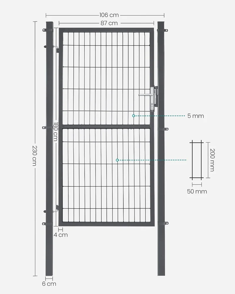 SONGMICS Gartentor, verzinkter Stahl, abschliessbar, 106 x 180 cm (B x H) 180 x 106 cm Grau, 180 x 1
