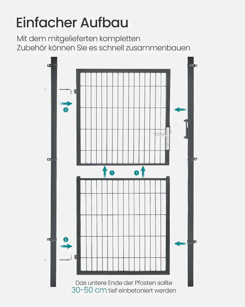 SONGMICS Gartentor, verzinkter Stahl, abschliessbar, 106 x 180 cm (B x H) 180 x 106 cm Grau, 180 x 1