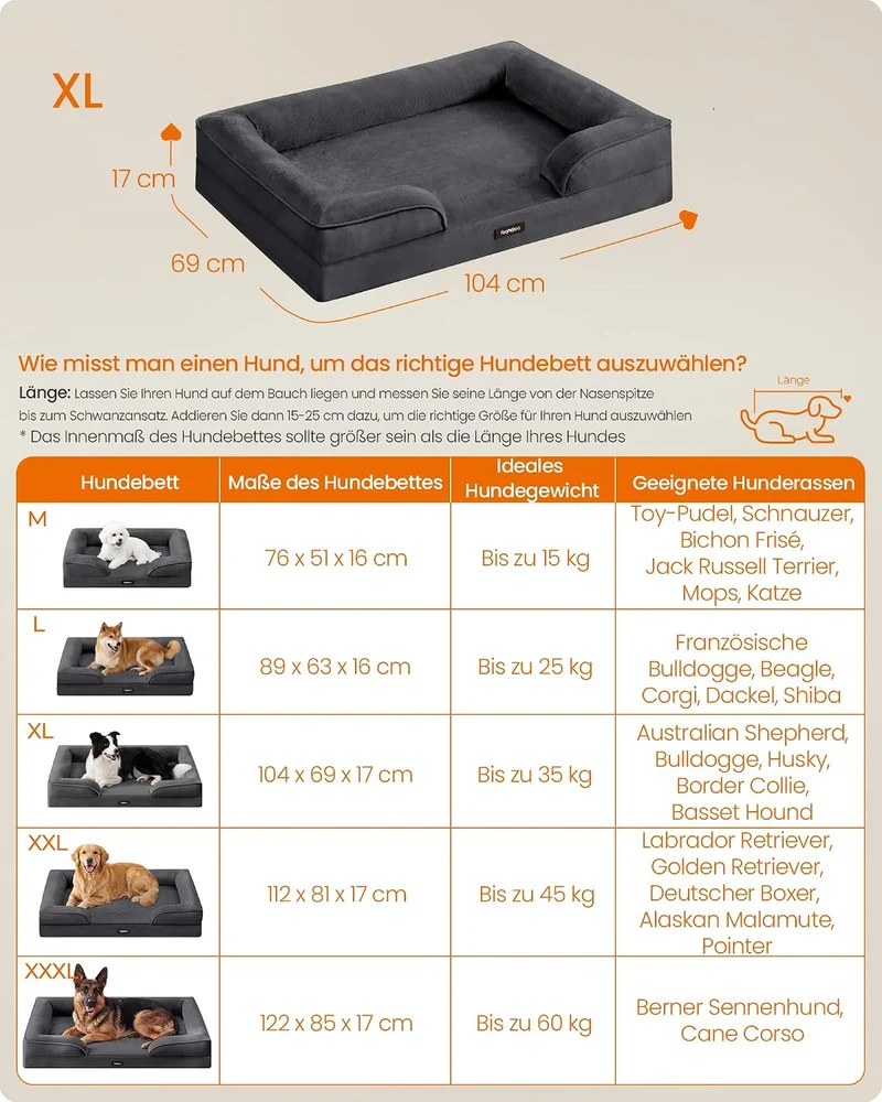 Feandrea Orthopädisches Hundebett, Hundekissen, 104 x 69 x 17 cm XL (104 x 69 x 17 cm) schiefergrau,