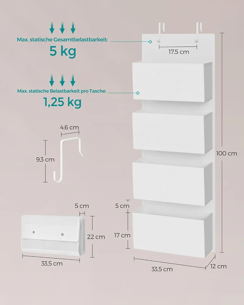 SONGMICS Hängeorganizer mit 4 Taschen, Hängeregal, Tür-Organizer 1 Wolkenweiss, 1 Wolkenweiss