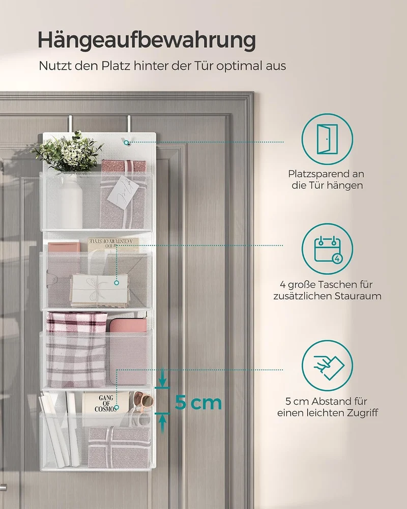 SONGMICS Hängeorganizer mit 4 Taschen, Hängeregal, Tür-Organizer 1 Wolkenweiss, 1 Wolkenweiss
