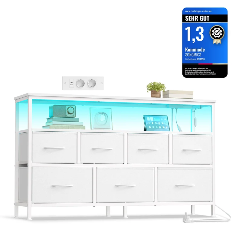 SONGMICS Kommode, 7 Schubladen, Sideboard mit Ladestation, wolkenweiss Wolkenweiss 7 Schubladen, Wol