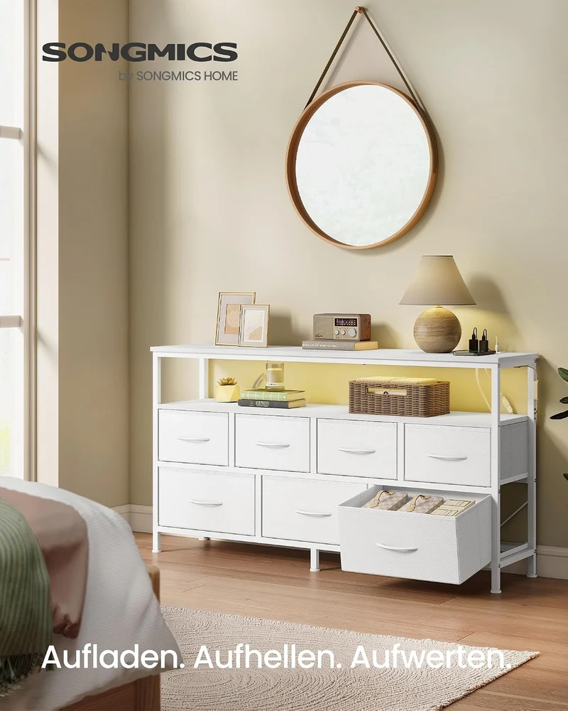 SONGMICS Kommode, 7 Schubladen, Sideboard mit Ladestation, wolkenweiss Wolkenweiss 7 Schubladen, Wol