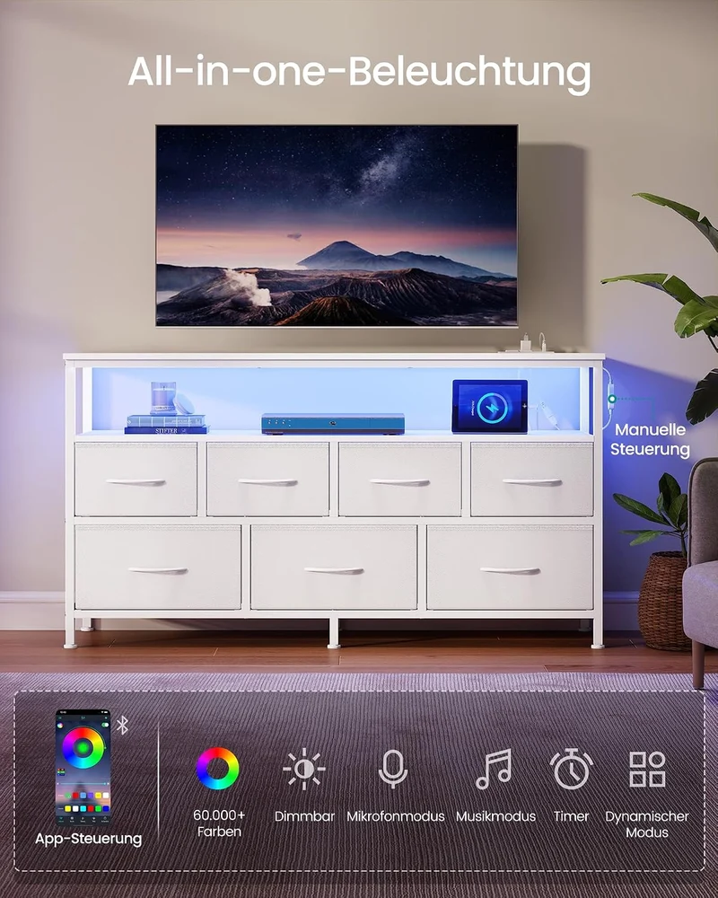 SONGMICS Kommode, 7 Schubladen, Sideboard mit Ladestation, wolkenweiss Wolkenweiss 7 Schubladen, Wol