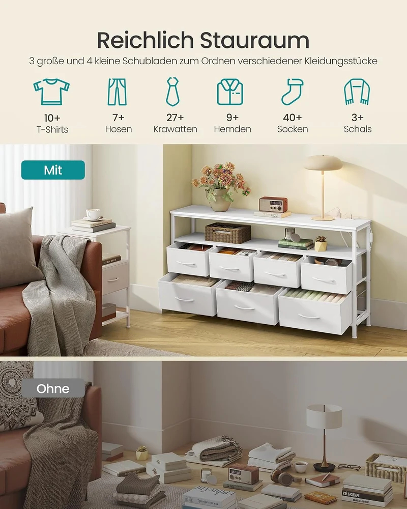 SONGMICS Kommode, 7 Schubladen, Sideboard mit Ladestation, wolkenweiss Wolkenweiss 7 Schubladen, Wol