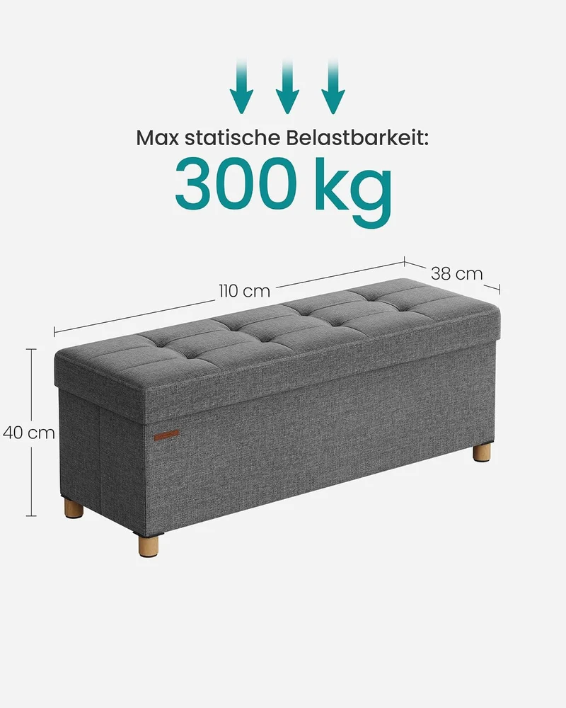 SONGMICS Sitzhocker mit Stauraum, 38 x 110 x 40 cm, bis 300 kg belastbar Schiefergrau 38T x 110B x 4