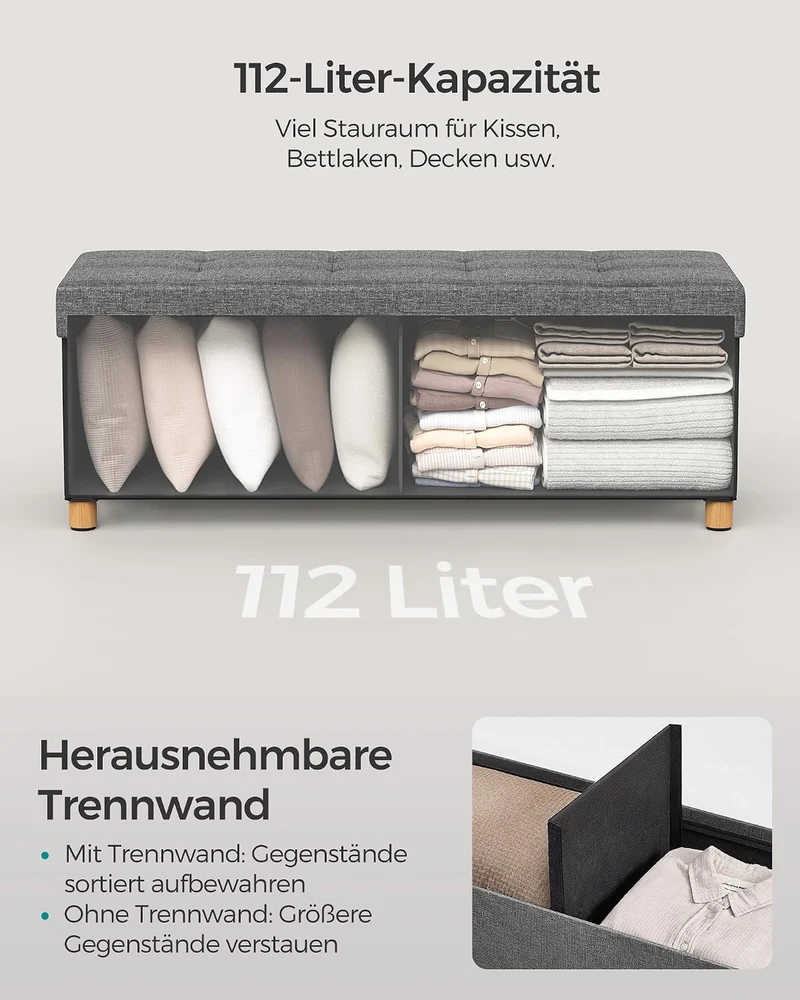 SONGMICS Sitzhocker mit Stauraum, 38 x 110 x 40 cm, bis 300 kg belastbar Schiefergrau 38T x 110B x 4