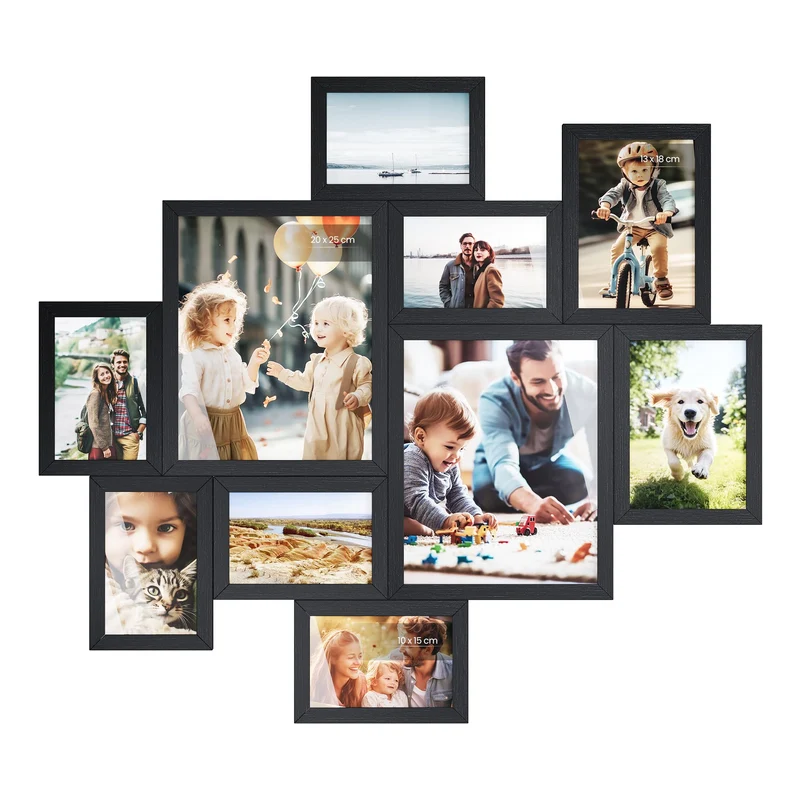 SONGMICS Bilderrahmen Mehrere Grössen, 10er Set, Fotorahmen für die Wand schwarz 20 x 25 cm + 13 x 1