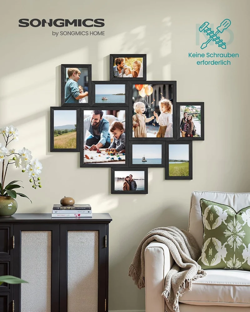 SONGMICS Bilderrahmen Mehrere Grössen, 10er Set, Fotorahmen für die Wand schwarz 20 x 25 cm + 13 x 1