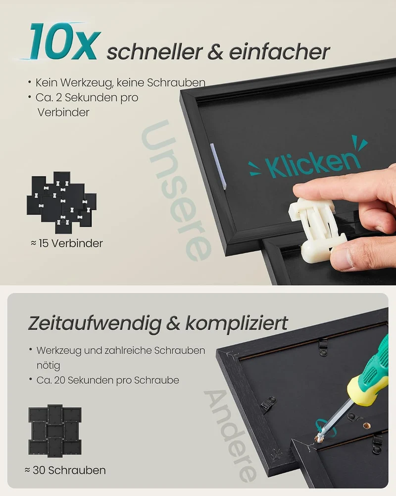 SONGMICS Bilderrahmen Mehrere Grössen, 10er Set, Fotorahmen für die Wand schwarz 20 x 25 cm + 13 x 1