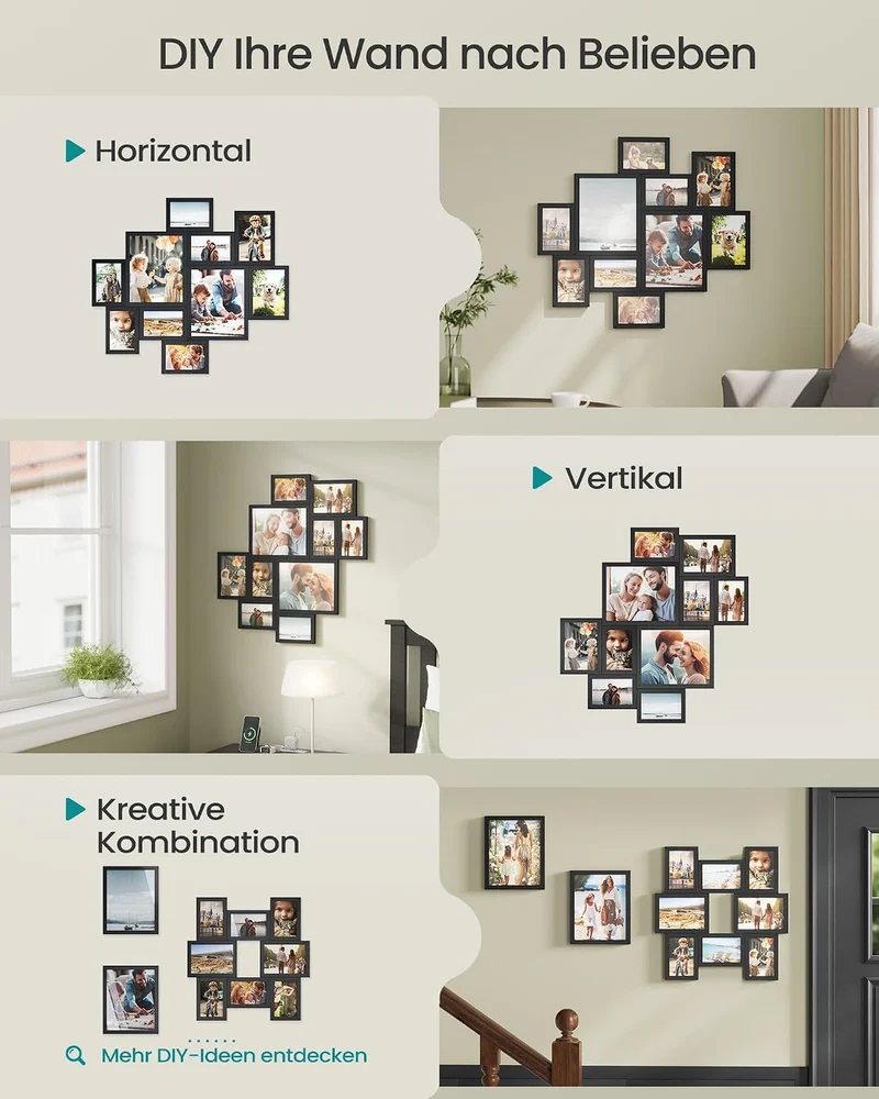 SONGMICS Bilderrahmen Mehrere Grössen, 10er Set, Fotorahmen für die Wand schwarz 20 x 25 cm + 13 x 1