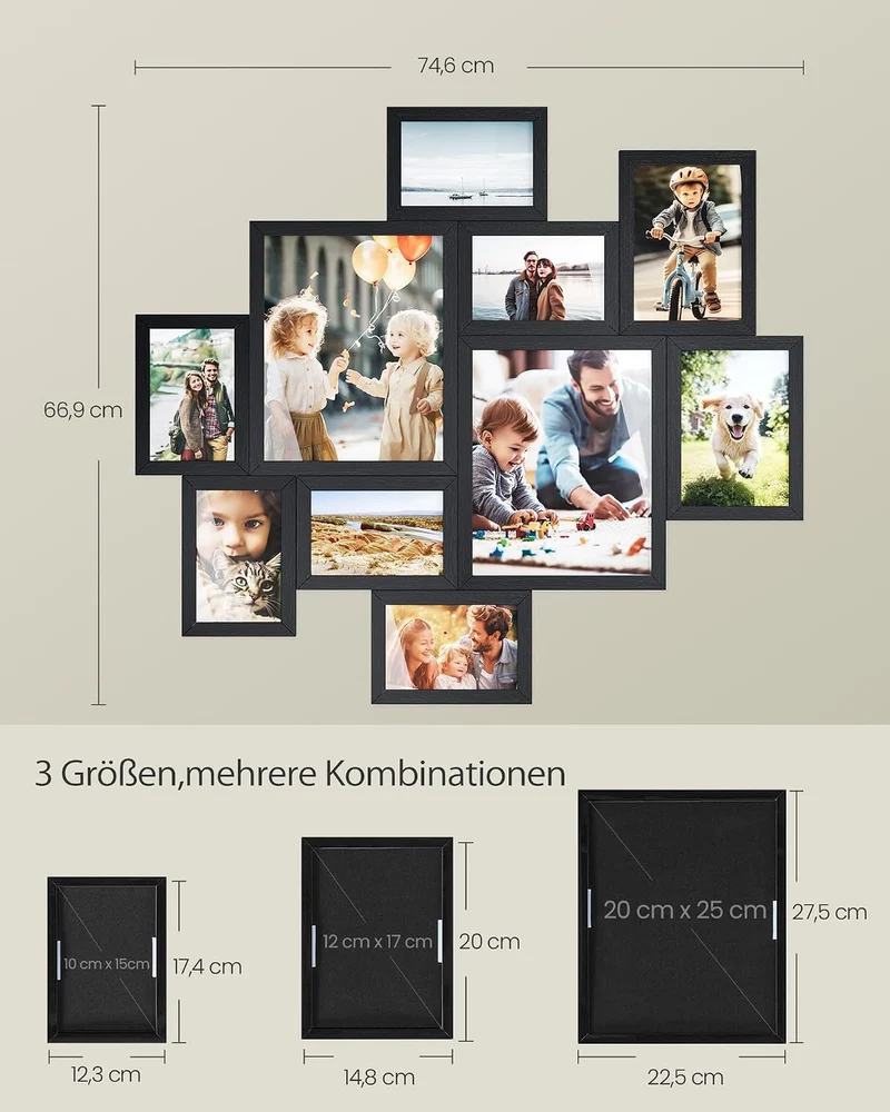SONGMICS Bilderrahmen Mehrere Grössen, 10er Set, Fotorahmen für die Wand schwarz 20 x 25 cm + 13 x 1