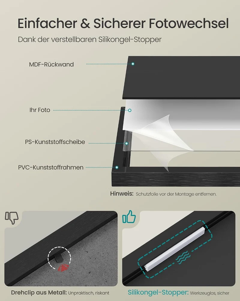 SONGMICS Bilderrahmen Mehrere Grössen, 10er Set, Fotorahmen für die Wand schwarz 20 x 25 cm + 13 x 1