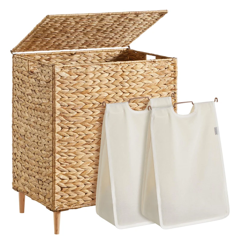 SONGMICS Wäschekorb 2 Fächer, Wäschesammler 130 L handgeflochten, Wäschesortierer Wasserhyazinthe, D