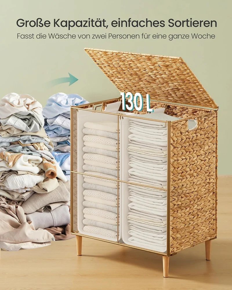 SONGMICS Wäschekorb 2 Fächer, Wäschesammler 130 L handgeflochten, Wäschesortierer Wasserhyazinthe, D