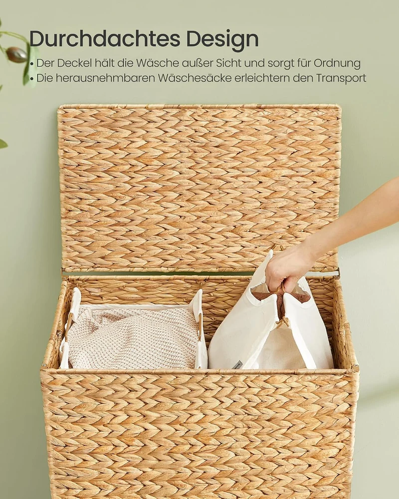 SONGMICS Wäschekorb 2 Fächer, Wäschesammler 130 L handgeflochten, Wäschesortierer Wasserhyazinthe, D