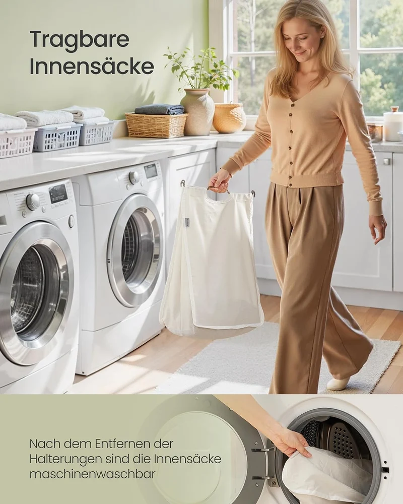 SONGMICS Wäschekorb 2 Fächer, Wäschesammler 130 L handgeflochten, Wäschesortierer Wasserhyazinthe, D