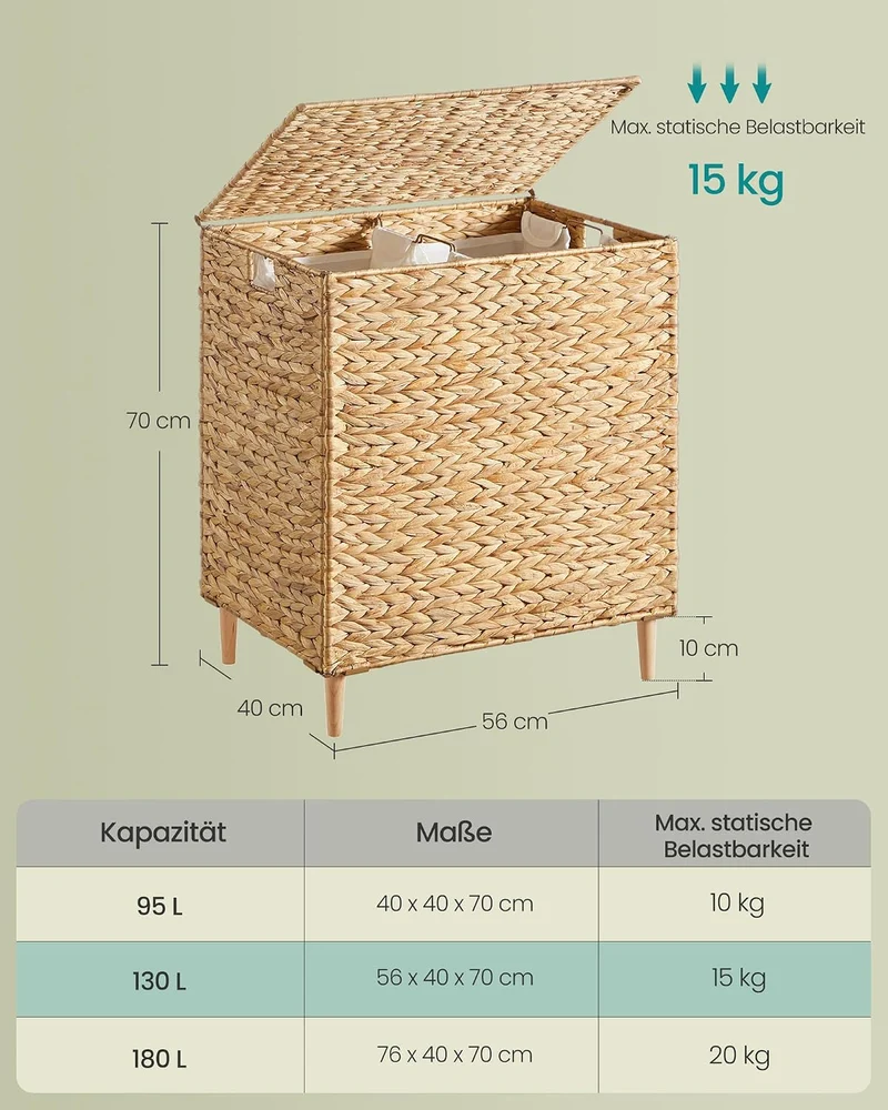 SONGMICS Wäschekorb 2 Fächer, Wäschesammler 130 L handgeflochten, Wäschesortierer Wasserhyazinthe, D